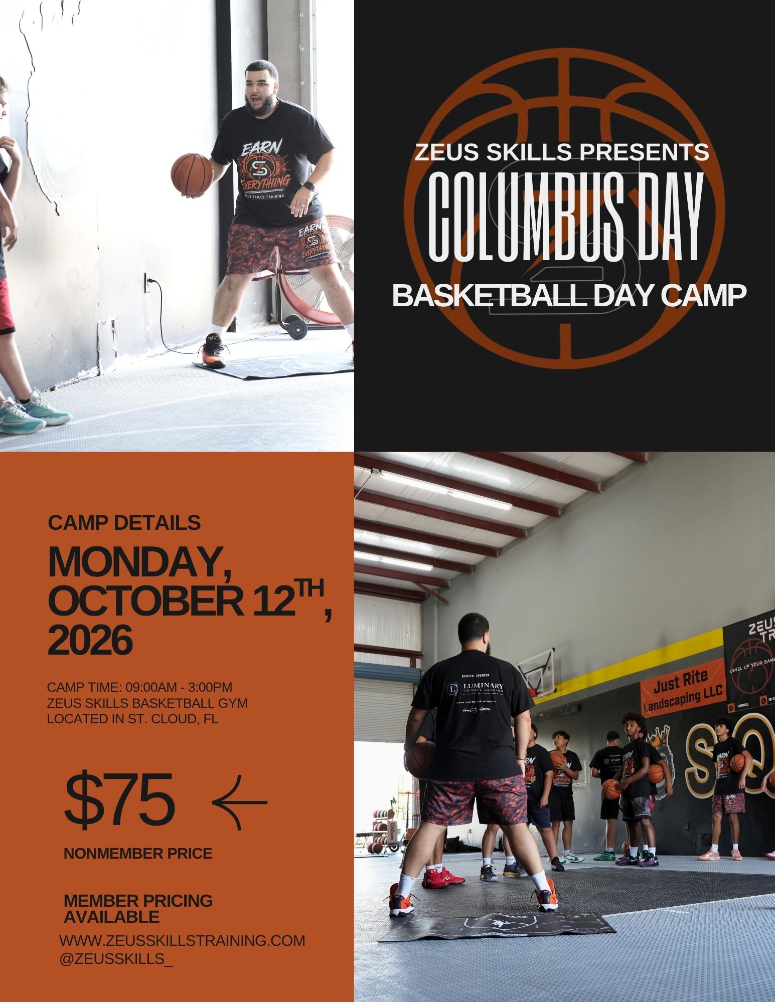Zeus Skills presents the Columbus Day Basketball Day Camp — Monday, October 12th, 2026, 9 AM to 3 PM in St. Cloud, FL